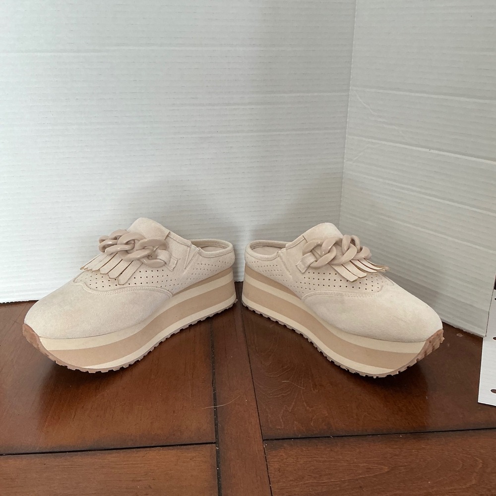 Pierre Dumas Beige Platform Fringe Chain Mules - Picture 5 of 7